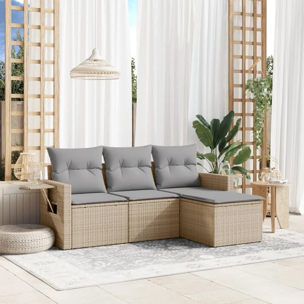 4 pcs conjunto de sofás para jardim c/ almofadões vime PE bege