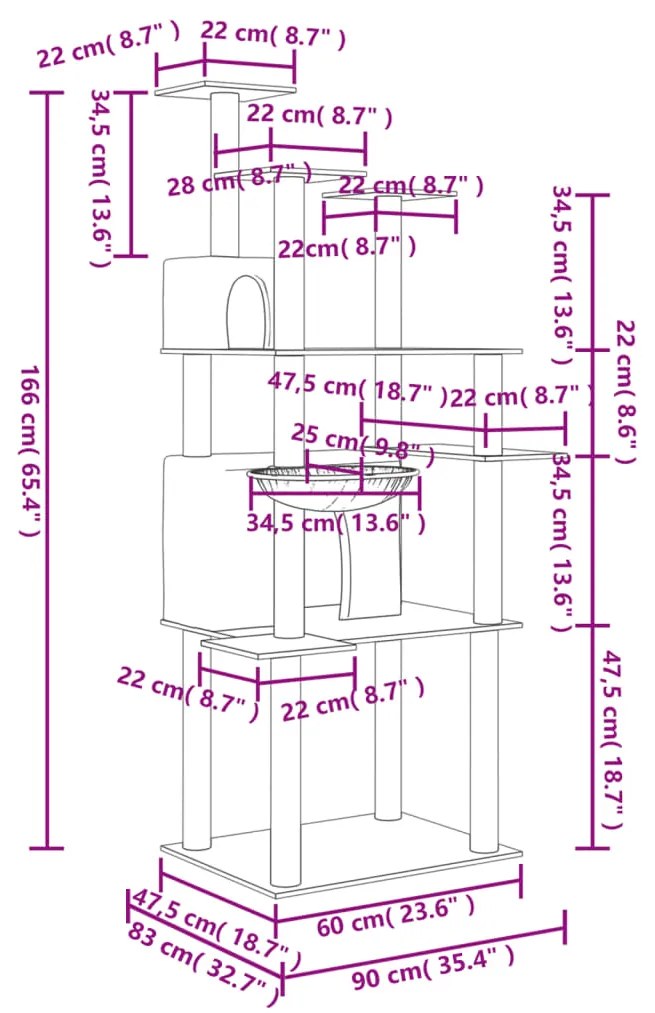 Árvore para gatos c/ postes arranhadores sisal 166 cm cor creme