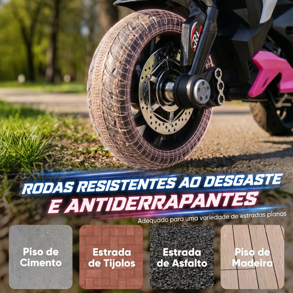 Mota Elétrica Infantil 6V de 3 Rodas com Pedal, Farol LED, Música e Buzina para Crianças de 3 a 5 Anos, Rosa