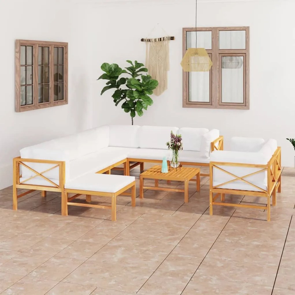 vidaXL 10 pcs conj. lounge jardim c/ almofadões cor creme teca maciça