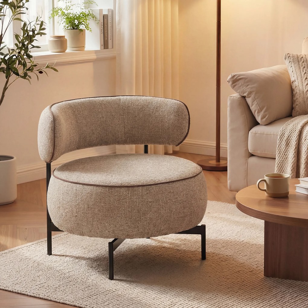 Poltrona de Sala com Assento Rotativo Revestida em Tecido Linho Assento Amplo Acolchoado Espesso Pés de Metal Bege