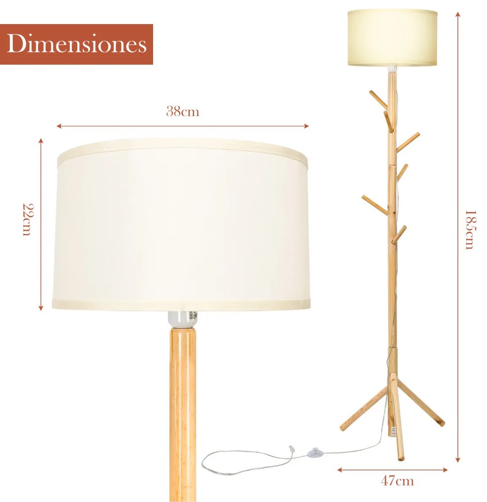 Candeeiro de Pé com Cabide Candeeiro de Madeira Multifuncional com Pedal para Sala Quarto Escritório Corredor 47 x 55 x 185 cm
