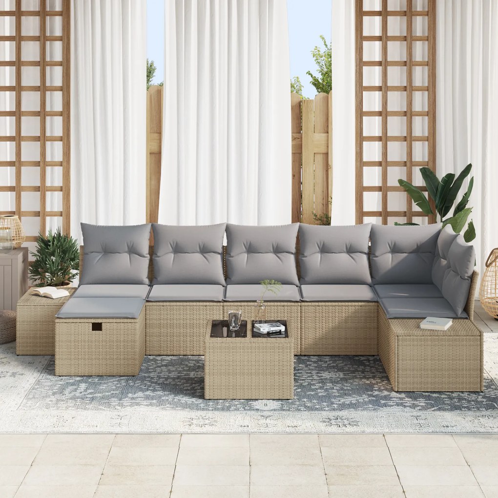 Conjunto de Sofá de Jardim de 8 Peças com Almofadas Bege Rattan Poliés