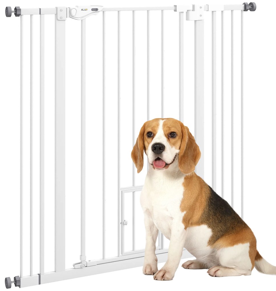 PawHut Barreira Segurança Cães Porta Pequena Fechamento Automático Sistema Duplo Bloqueio Ajustável 74-101x1041 cm Branco | Aosom Portugal