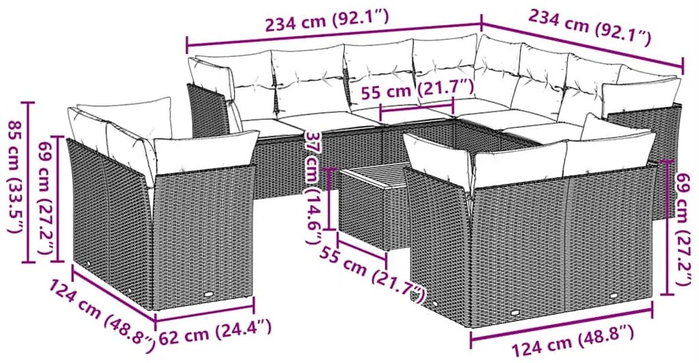 12 pcs conjunto sofás p/ jardim c/ almofadões vime PE cinzento