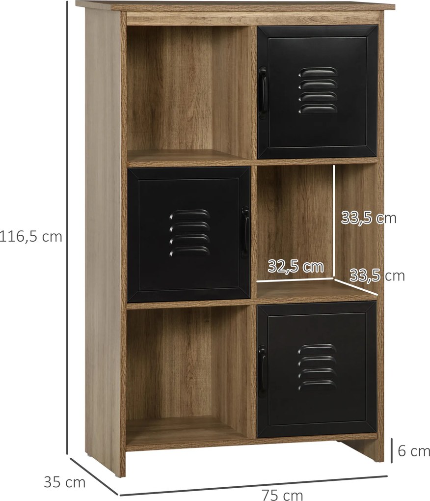 Estante de arrumação 75 x 35 x 116,5 cm com 3 compartimentos abertos e 3 compartimentos - Aspecto de madeira com portas de metal pretas