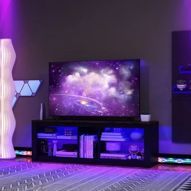 Móvel de TV com luz LED 140 x 35 x 47 cm para TVs até 65'' com Estantes de vidro temperado ajustáveis Castanho e Preto