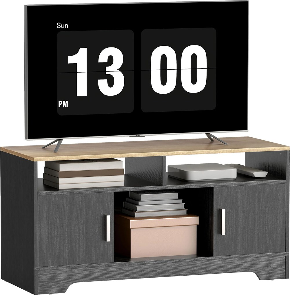 Móvel de televisão 105 x 40 x 52 cm com 2 compartimentos abertos, 2 armários com portas e um armário aberto, com efeito de madeira preta