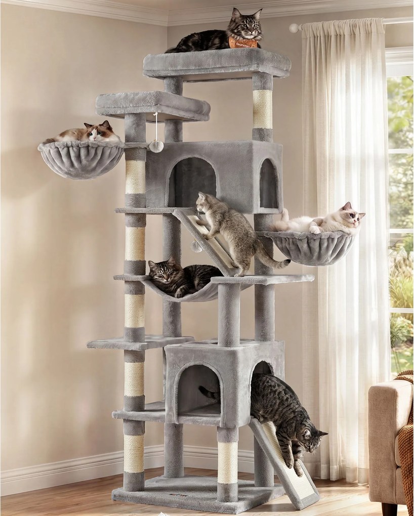 Arrranhador para gatos Grande 55 x 45 x 206 cm com placas para arranhar e sisal, 55 x 45 x 206 cm cinzento claro