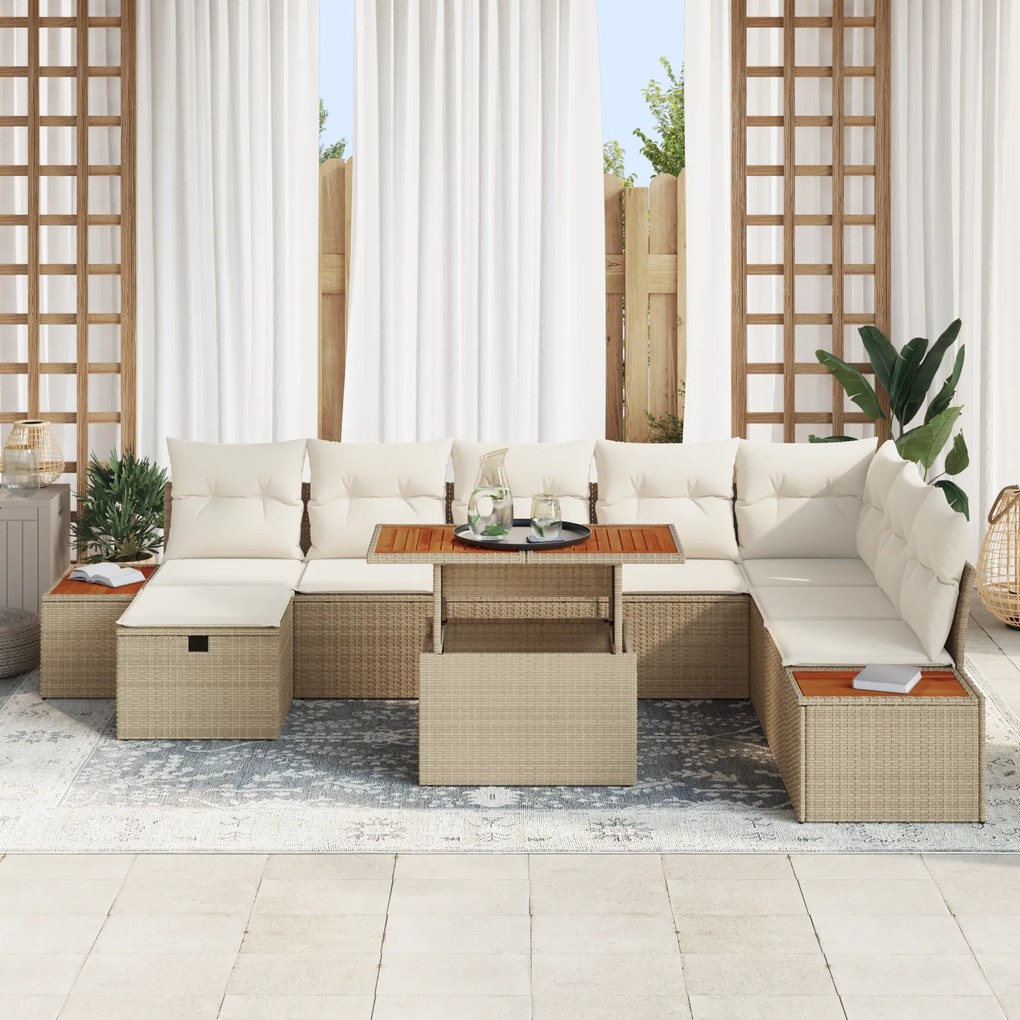 Conjunto de Sofá de Jardim de 9 Peças com Almofadas Bege Polirattan