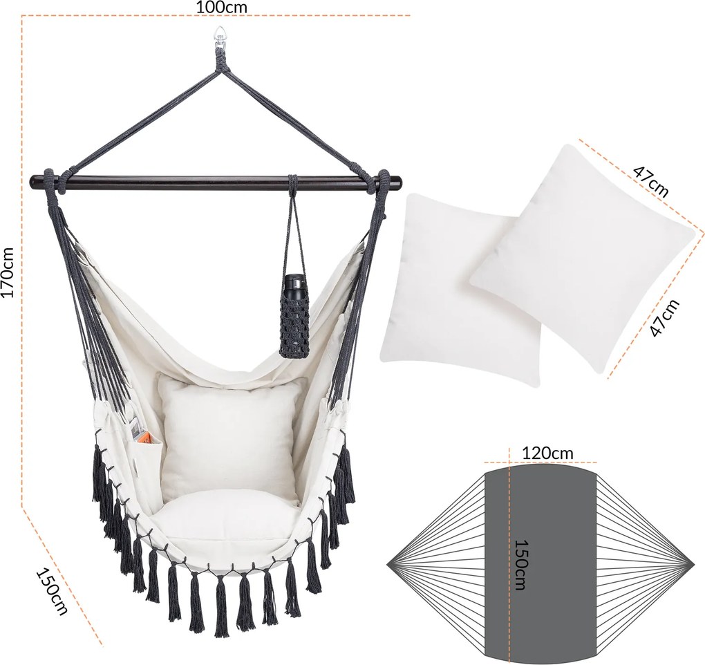 Cadeira suspensa 170x100x150cm com almofadas creme