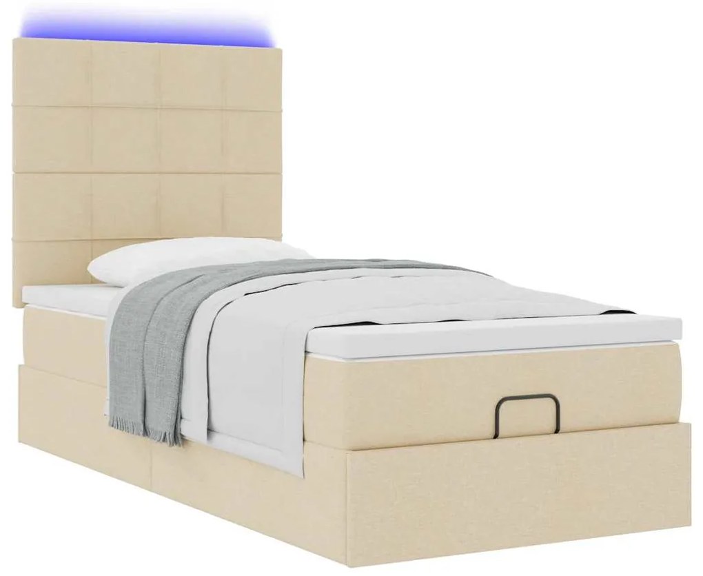 Cama Otomana com colchão &amp; LEDs 90x200 cm tecido creme