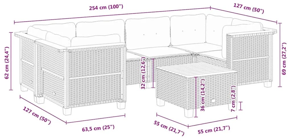 7 pcs conjunto de sofás p/ jardim com almofadões vime PE bege