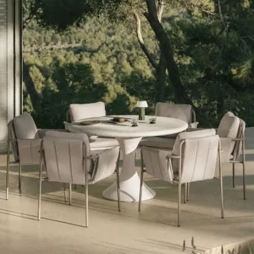 Conjunto De Mesa Redonda Ø120 Cm Em Cimento Eloria E 6 Cadeiras De Jardim Com Braços Estofadas E Em Aço Zunika Moka Brown - Sklum