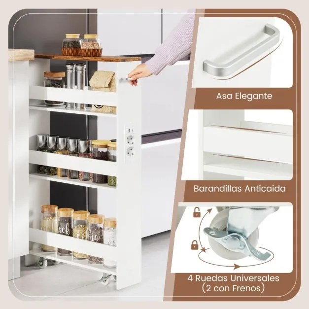 Carrinho cozinha estreito 47,5 x 13 x 80,5 cm com estação de carregamento de 4 níveis com rodas bloqueáveis Branco + Cor Nogueira