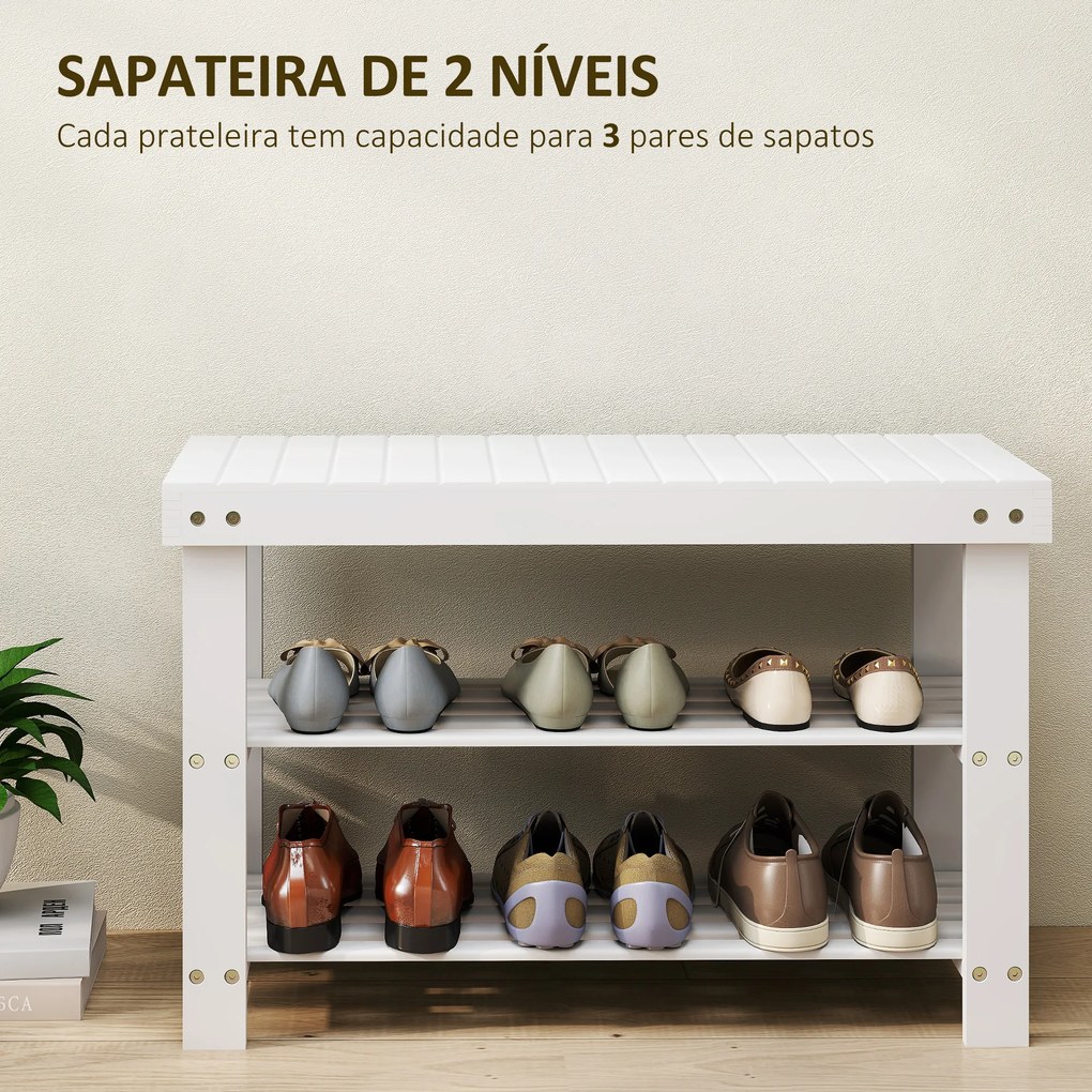 Banco Sapateira de Bambu Organizador de Sapatos com 2 Prateleiras para 6-9 Pares de Sapatos 70x28x45 cm Branco