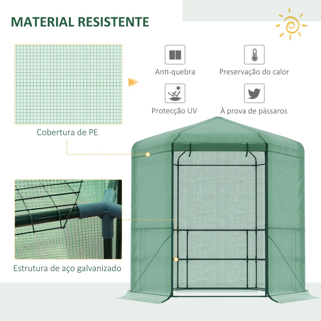 Outsunny Estufa de Jardim Hexágono 194x194x215cm Estufa com 6 Prateleiras Porta Enrolável e Estrutura de Aço Galvanizado para Cultivos de Plantas Vasos de Flores Verde