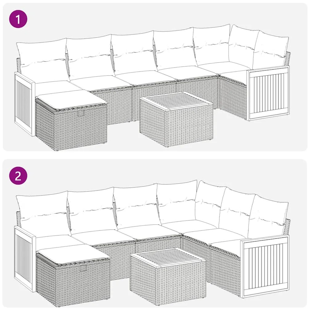 8 pcs conjunto sofás de jardim c/ almofadões vime PE cinzento
