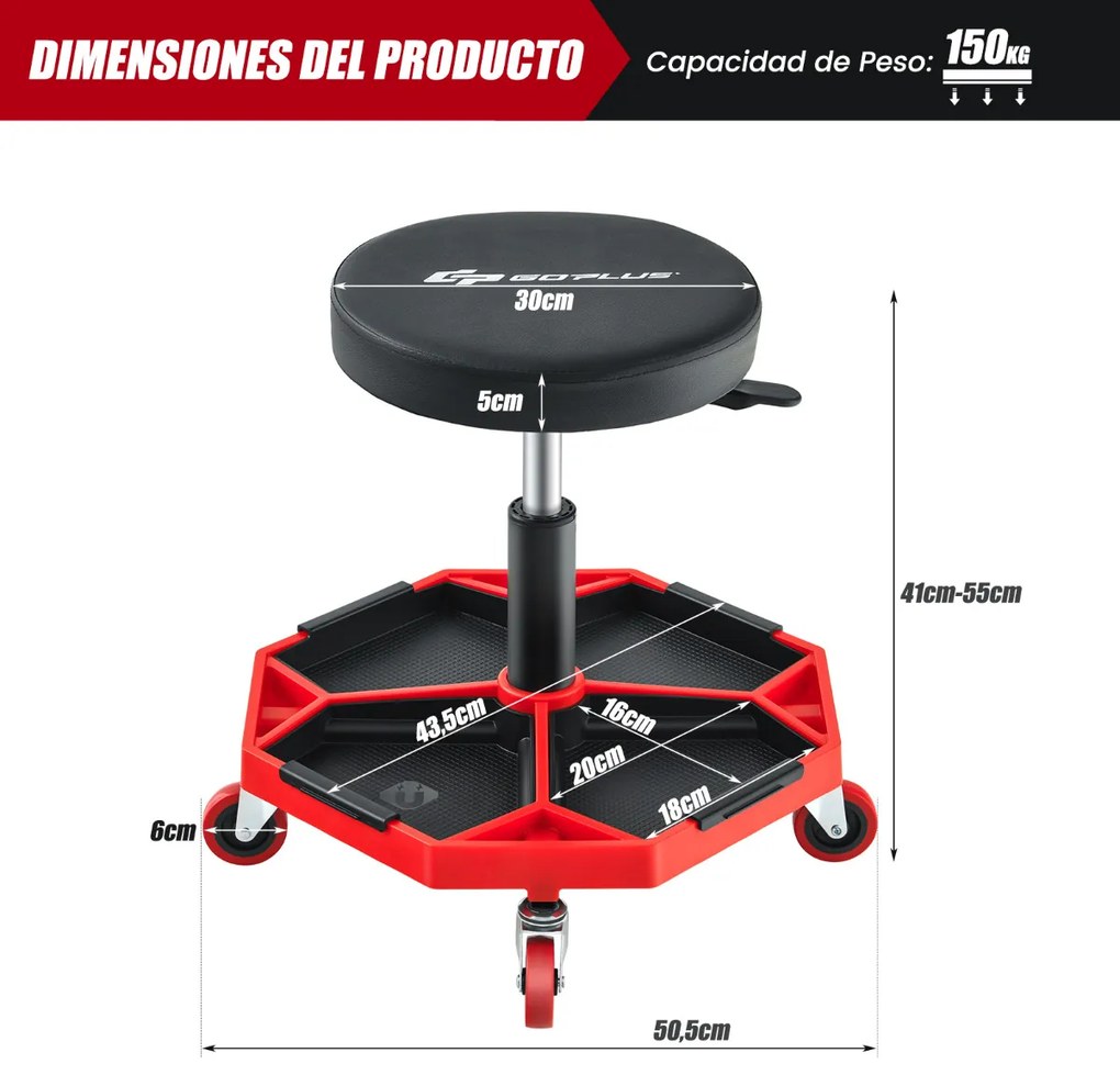 Banco mecânico com rodas acolchoado assento com altura ajustável carga 150kg bandeja de ferramentas oficina de garagem