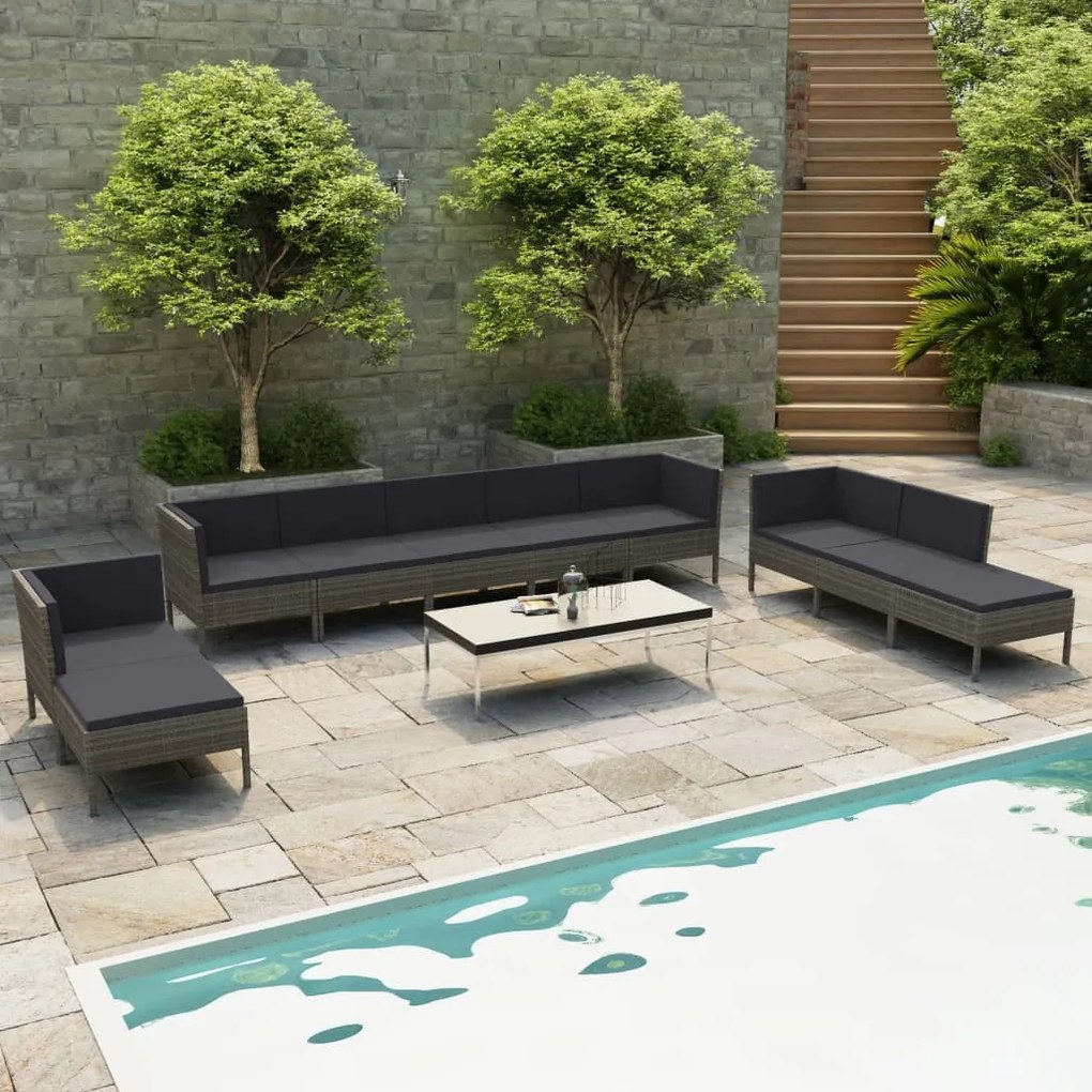 vidaXL 10 pcs conjunto lounge de jardim c/ almofadões vime PE cinzento