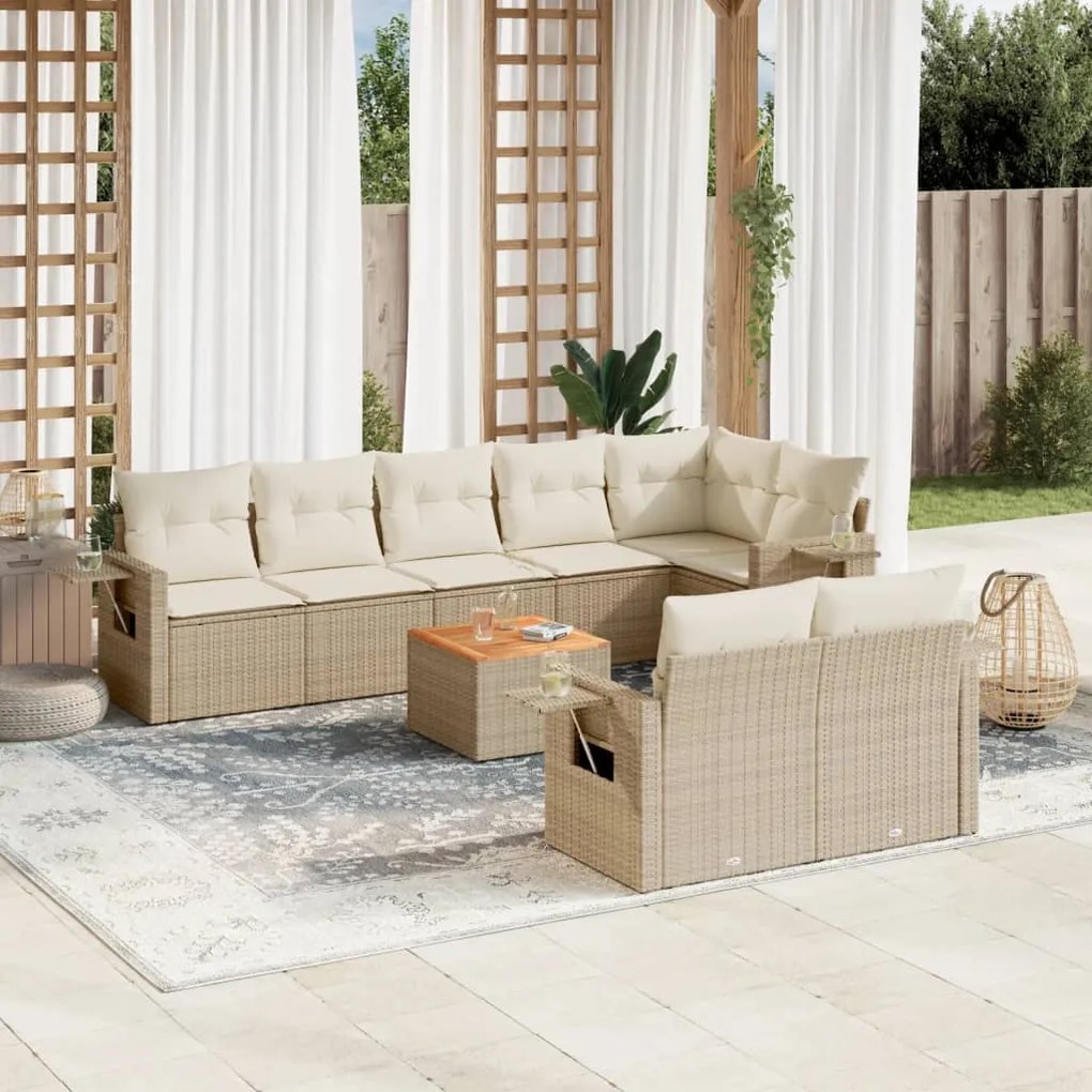 vidaXL 9 pcs conjunto de sofás p/ jardim com almofadões vime PE bege