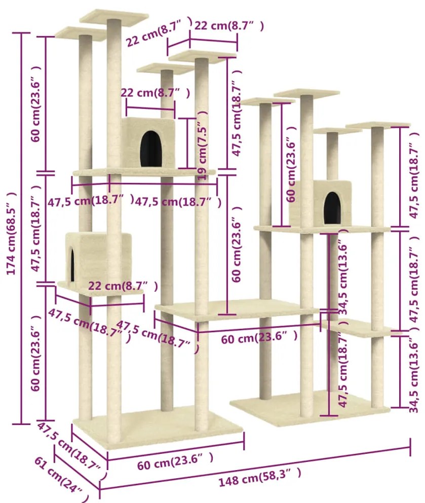 Árvore para gatos c/ postes arranhadores sisal 174 cm cor creme