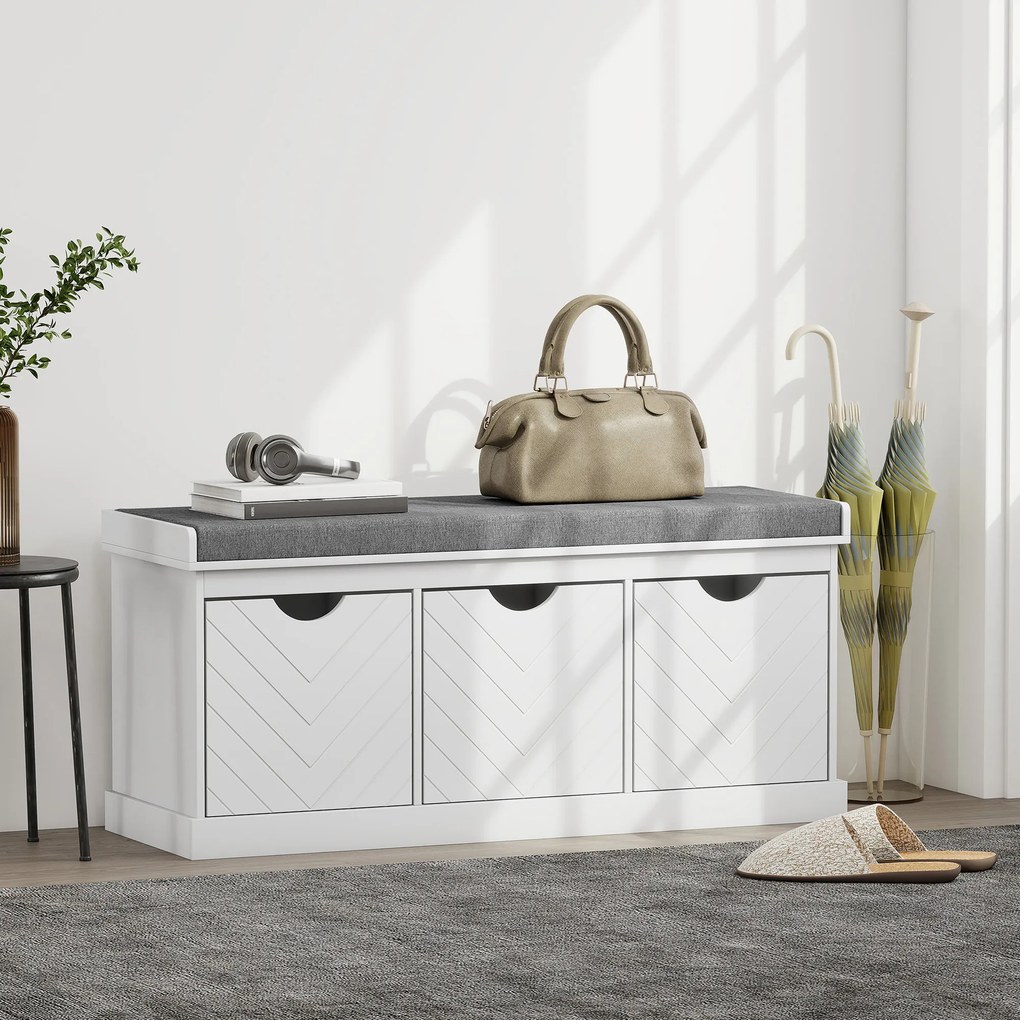 Banco para Calçado de Entrada com Arrumação, 105 x 35 x 47 cm, 3 Gavetas Amovíveis, Branco