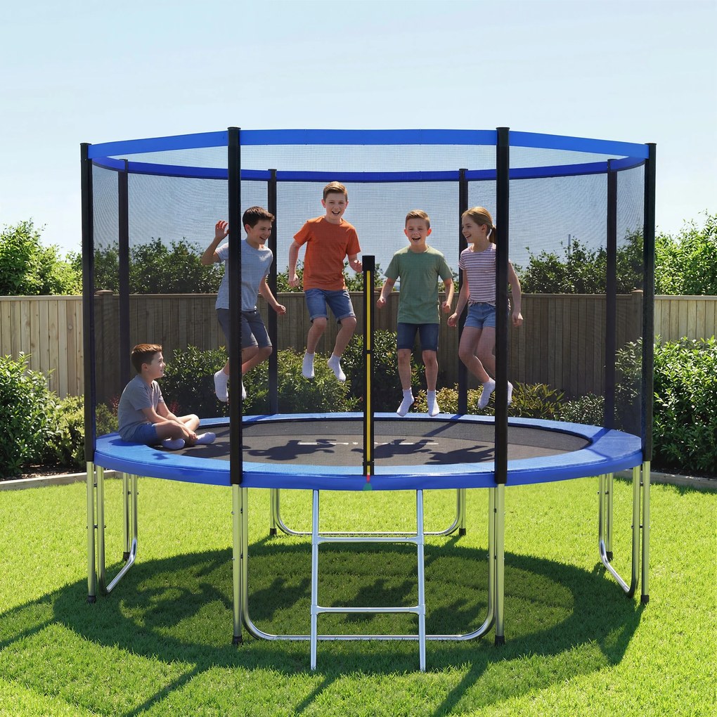 Trampolim para Crianças Exterior Ø366 cm com Rede de Segurança Escada Acolchoamento de Molas Azul