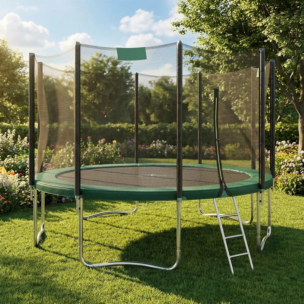 Trampolim de 427 cm, para crianças com rede de segurança e cobertura de borda e Escada Verde escuro