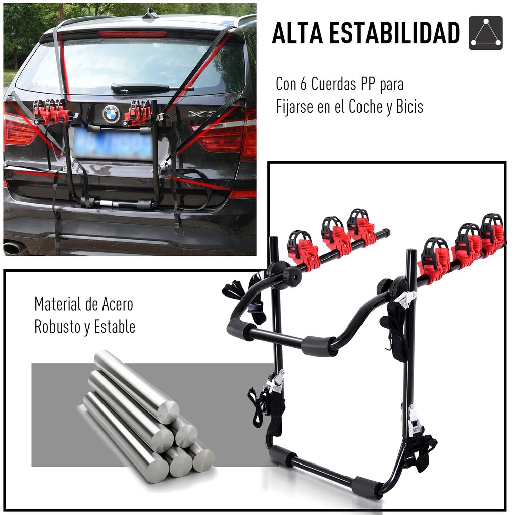HOMCOM Suporte para Bicicletas Traseiro Dobrável com Correias Até 3 Bicicletas Suporte de Bicicleta Universal Carga 40 kg 68x52x60 cm Aço e Alumínio