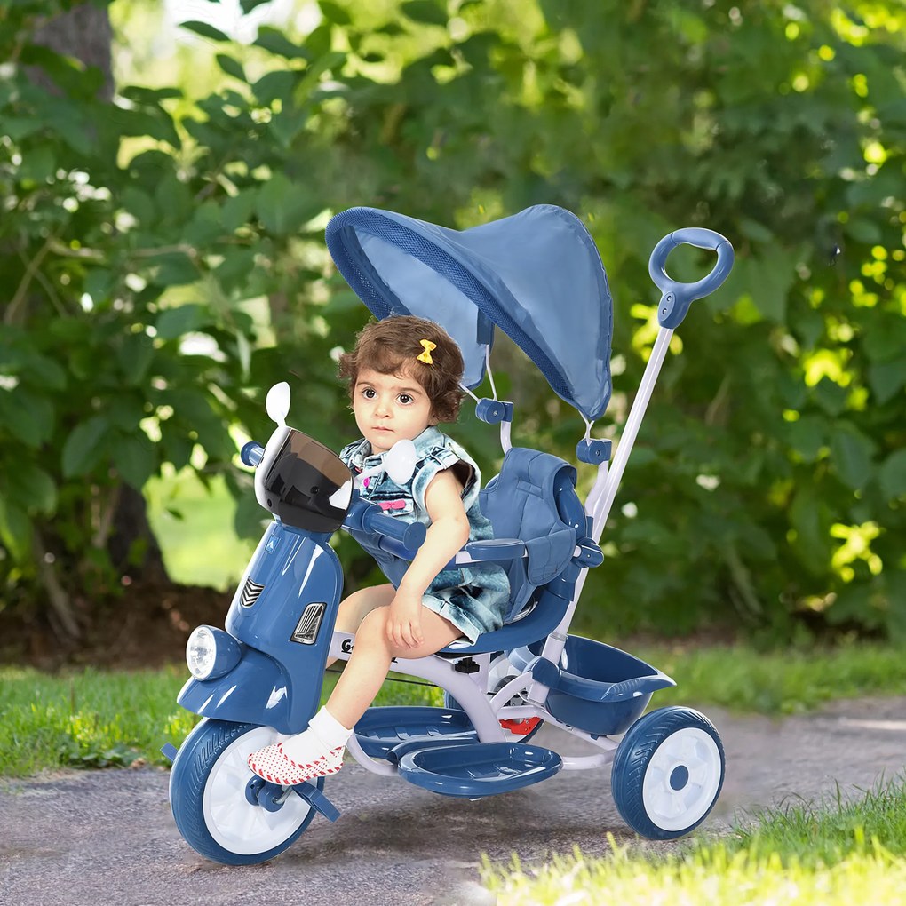HOMCOM Triciclo evolutivo infantil Carrinho de criança Com função de luz e música Barra de segurança e toldo retrátil Assento giratório 360 ° 93x51x94 cm Azul
