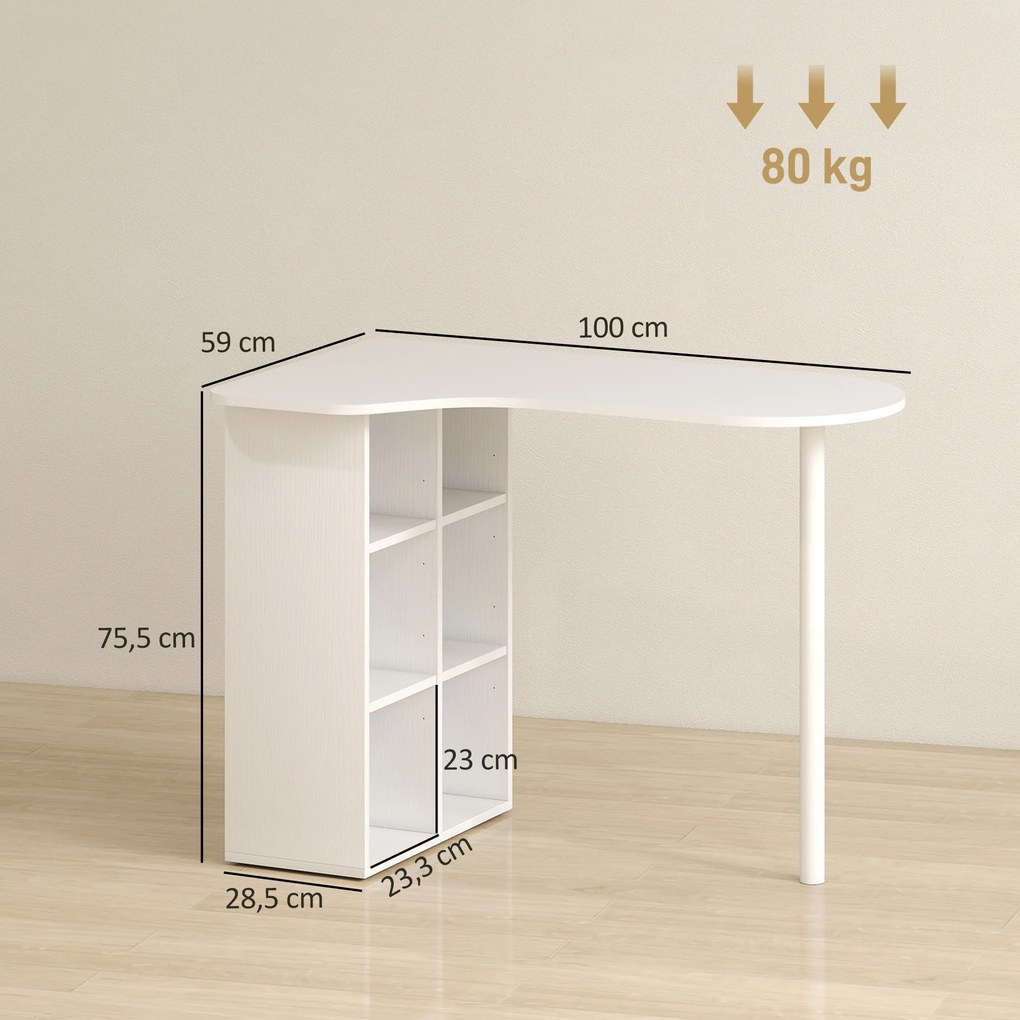 Secretária irregular para computador, 100 x 59 cm, com 6 compartimentos, 4 prateleiras ajustáveis e estrutura em aço, branca