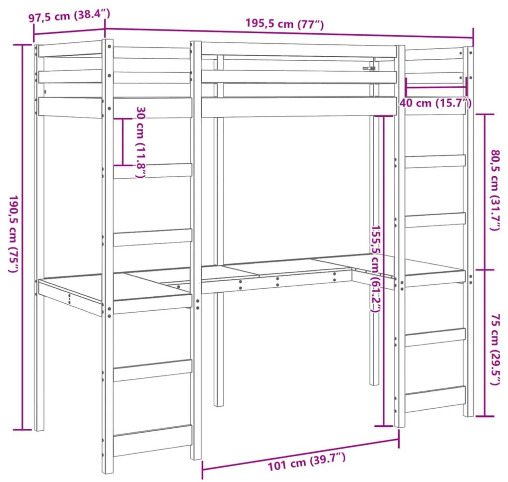 Cama alta sem colchão 90x190 cm pinho maciço castanho-mel