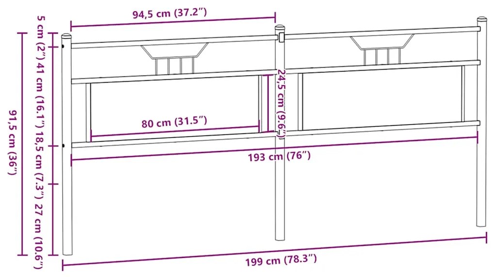 Cabeceira de cama 193cm derivados madeira/aço carvalho castanho