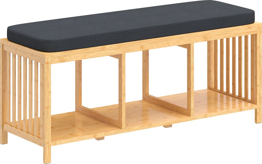 HOMCOM Banco de bambu para sapatos, banco para corredor com almofada acolchoada e prateleira aberta, acabamento em madeira natural | Aosom Portugal