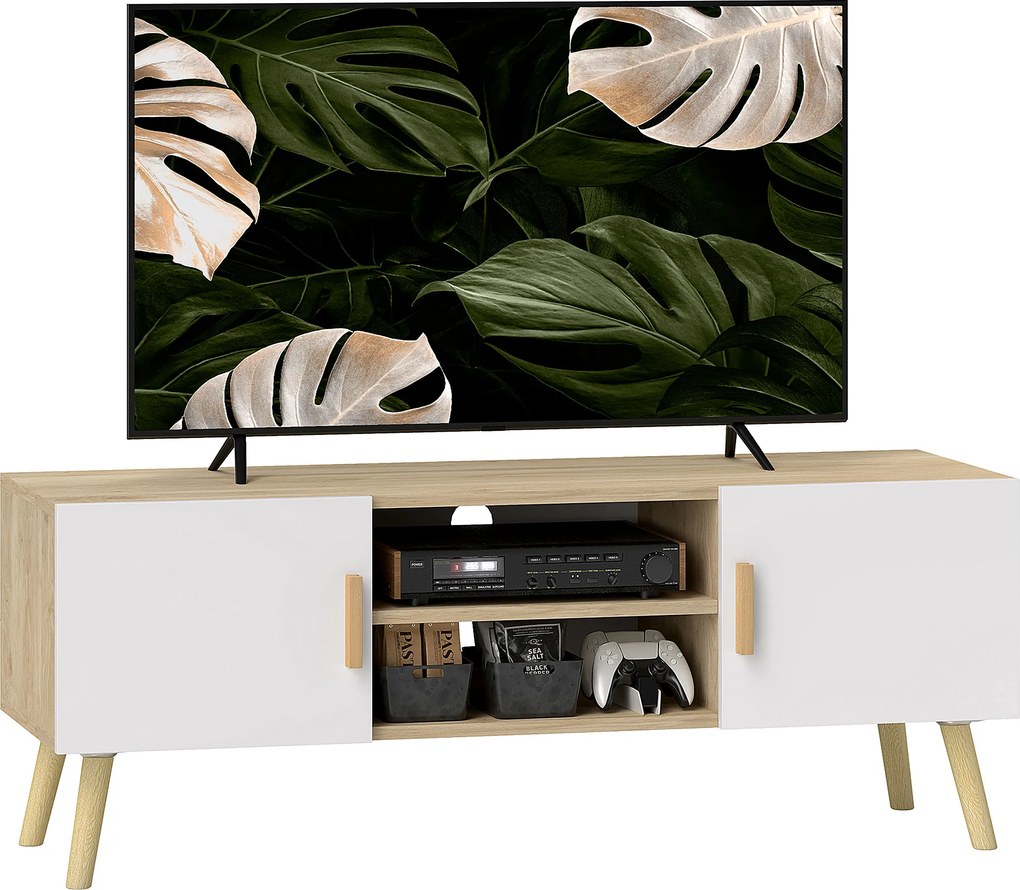 Móvel para televisão 110 x 36,2 x 42 cm para televisões até 50 polegadas, com prateleiras, 2 armários e passadores de cabos, em cor carvalho