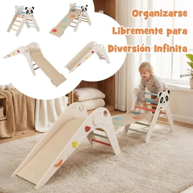 Parque dobrável para escalada para crianças Montessori de escalada em madeira com tema de panda Ginásio interior com escorrega bege