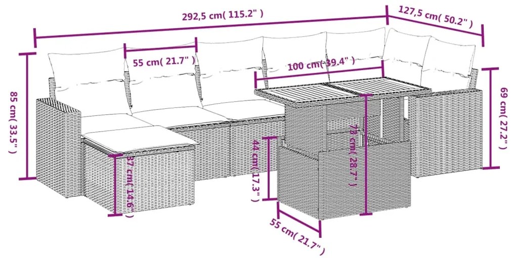 8 pcs conjunto de sofás p/ jardim com almofadões vime PE bege