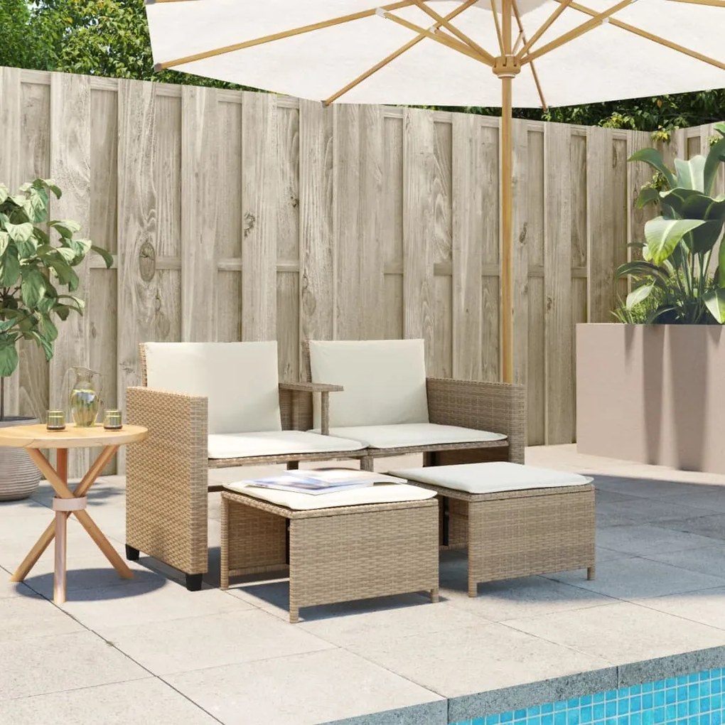 Sofá de jardim de 2 lugares com mesa e bancos vime PE bege