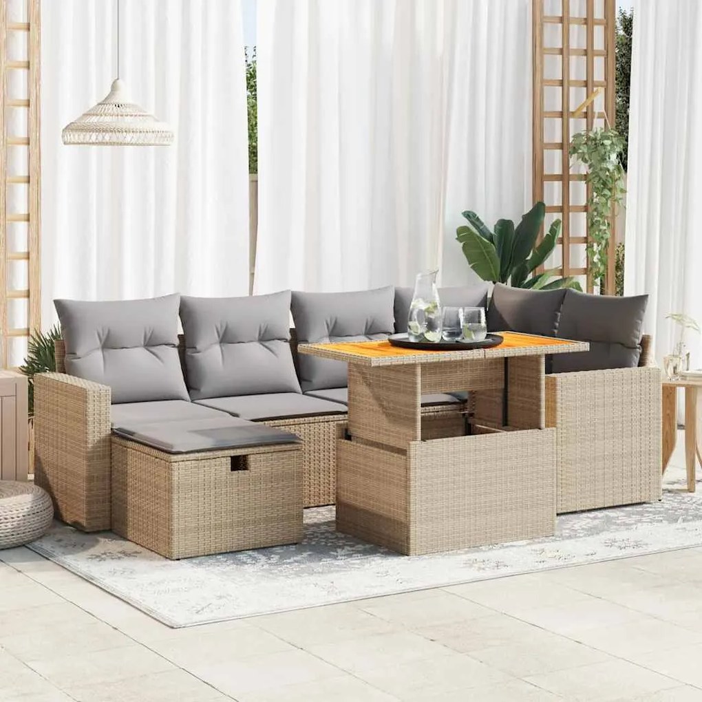 8 pcs conjunto sofás jardim com almofadões vime PE/acácia bege