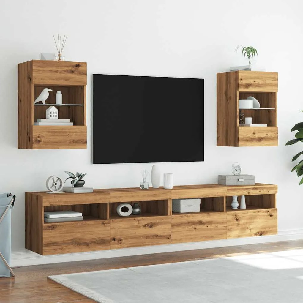 Móveis de parede para TV com luzes LED 2 pcs carvalho artesanal