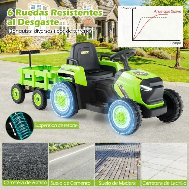 Trator Elétrico para crianças de 12V com Reboque Desmontável Comando à Distância Faróis LED Buzina Música Arranque Verde