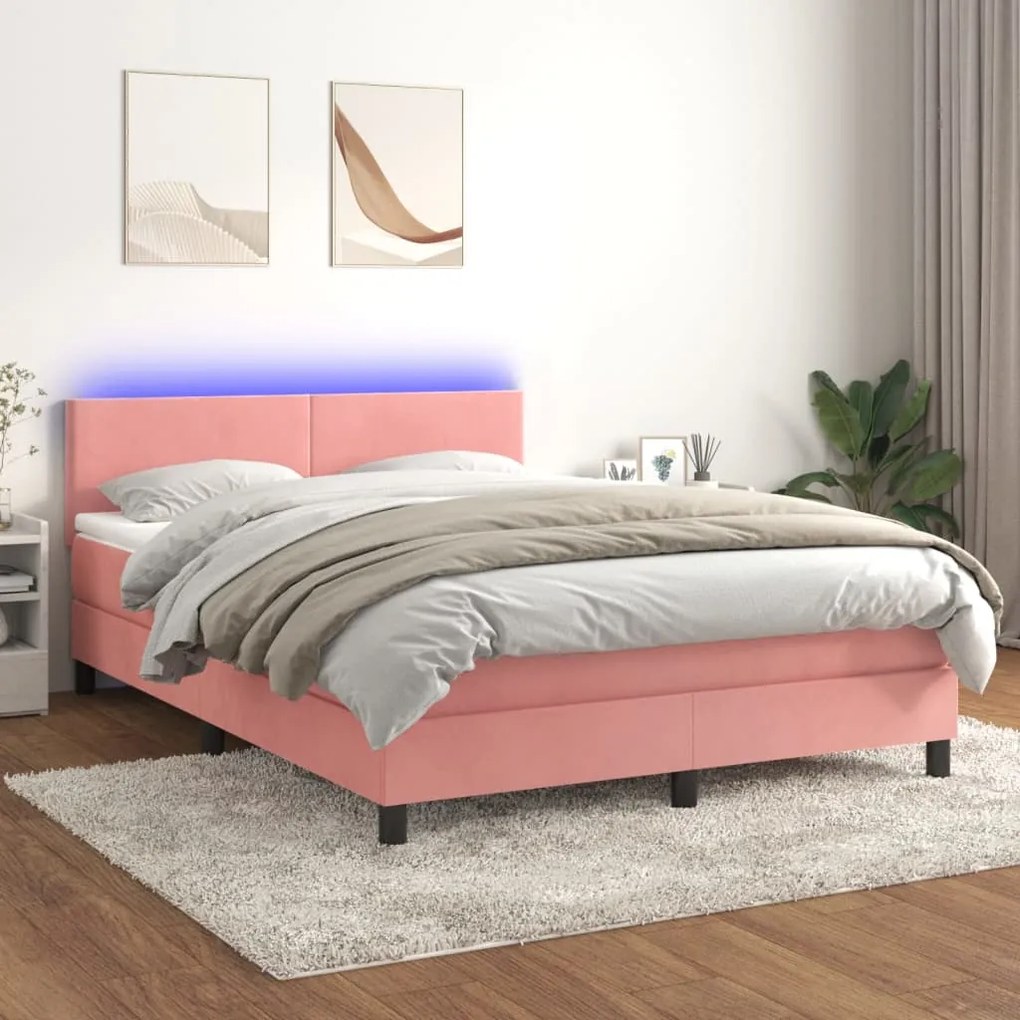 Cama box spring c/ colchão/LED 140x200 cm veludo rosa