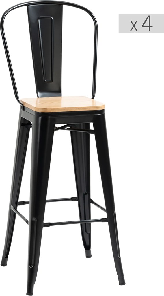 Conjunto de 4 bancos de bar com encosto e apoio para os pés, altura do assento 76 cm, metal preto, em imitação de madeira clara