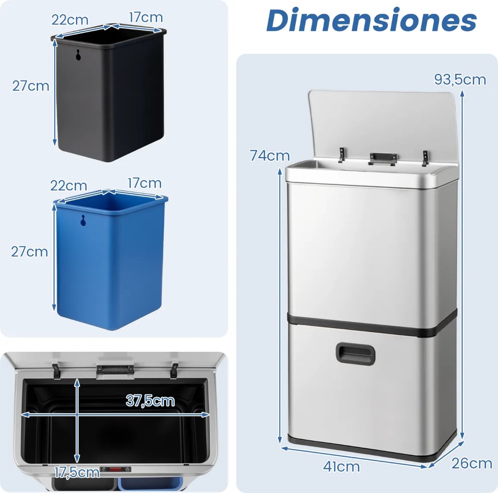 Caixote do lixo em aço inoxidável de 56 litros com sensor de movimento e 2 caixotes do lixo removíveis prateado