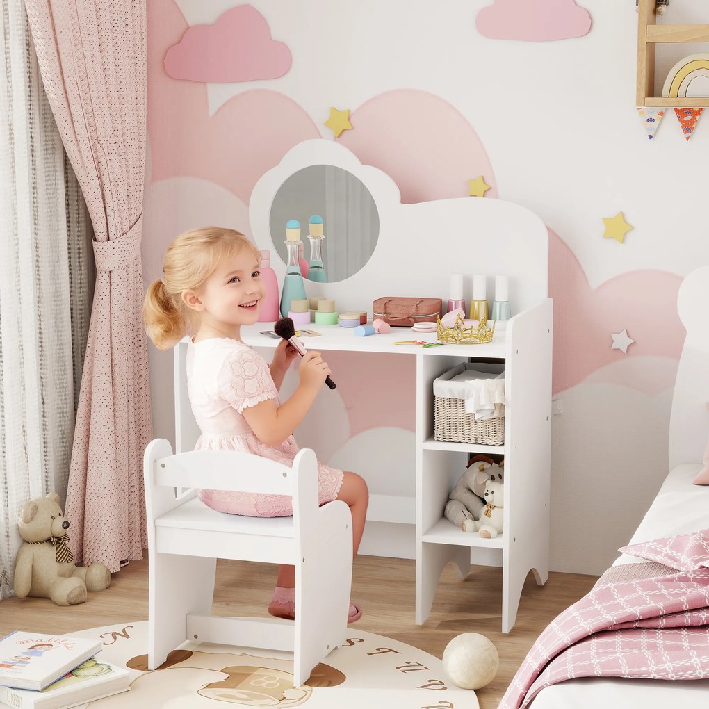 Toucador para Crianças com Banco e Espelho em Forma de Flor com Compartimentos Abertos 70x39x92,5 cm Branco