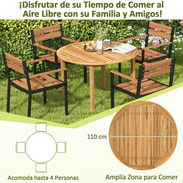 Mesa de jantar jardim redonda em madeira de acácia para 4 pessoas com orifício para guarda-sol para terraço 110 x 75 cm Natural