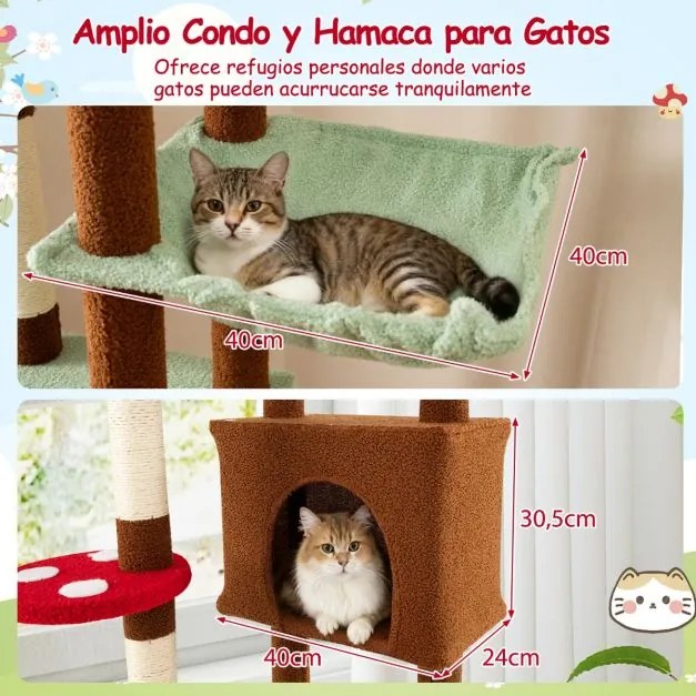 Arranhador para gatos do chão ao teto Altura ajustável com tema de cogumelo com caverna e rede Cesto suspenso giratório Castanho