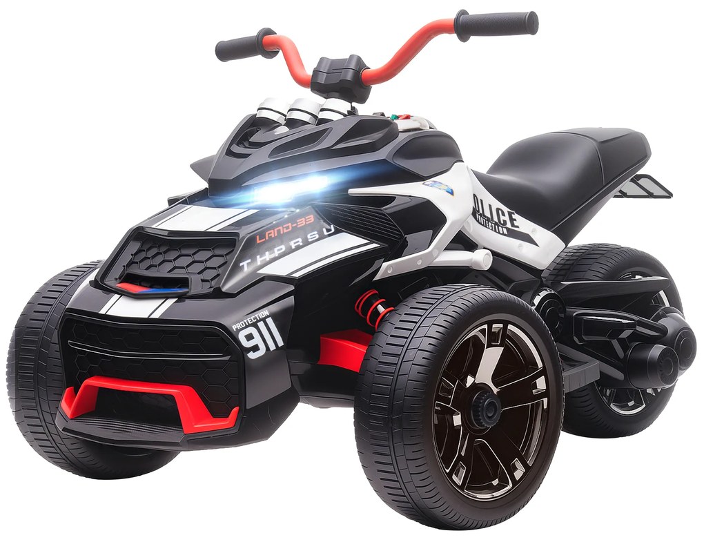 Mota elétrica para Crianças 12V com 2 Motores Velocidade até 5 km/h 3 Rodas Faróis Buzina Música 113x74x63 cm Preto e Branco