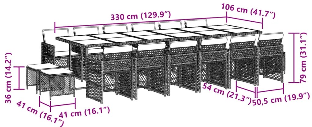 17 pcs conjunto de jantar p/ jardim c/ almofadões vime PE preto